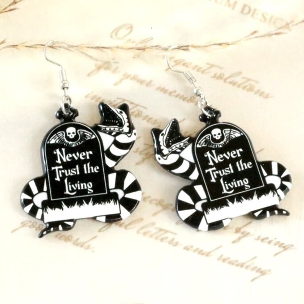 Halloween Beetlejuice Never Trust The Living Tombstone Charm Earrings